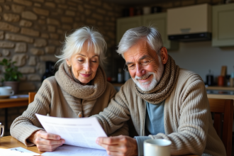 Couple retraité français discutant de documents de pension à la maison