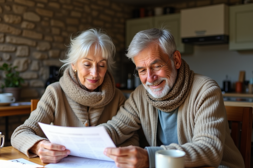 Couple retraité français discutant de documents de pension à la maison