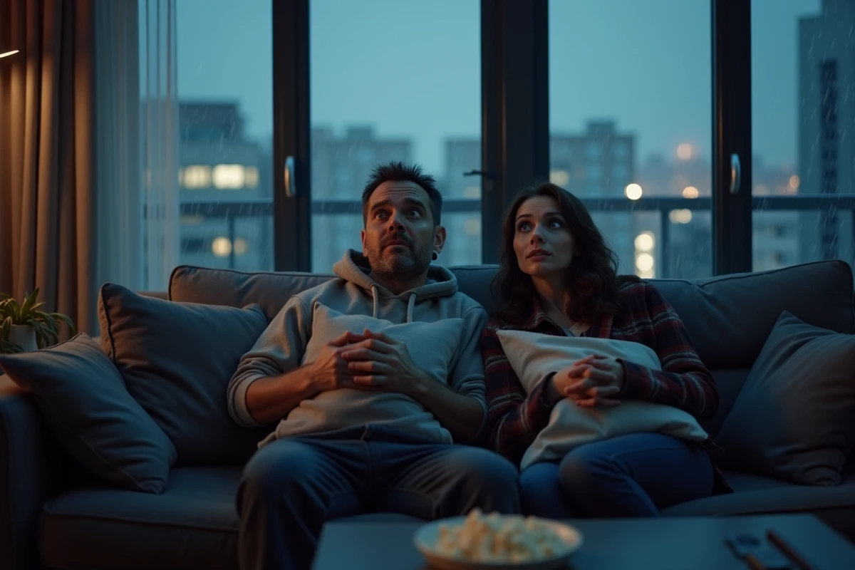 Couple regardant une série Netflix à suspense dans un appartement moderne un soir de pluie