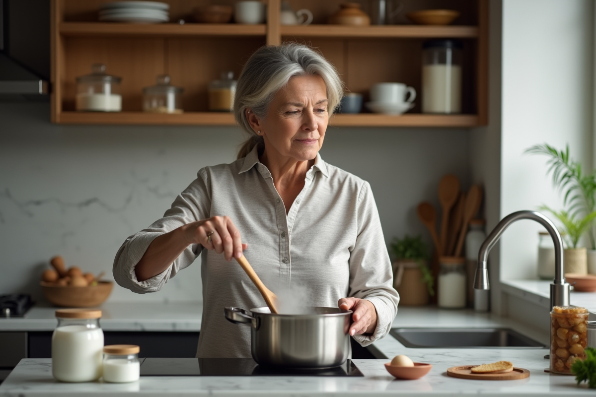 Femme d'âge moyen remuant un pot chaud dans une cuisine moderne