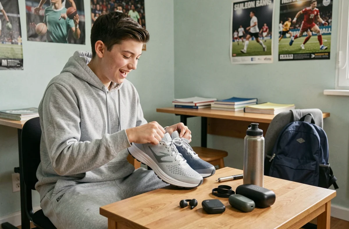Ado de 17 ans découvrant des cadeaux sportifs sur une table en bois dans sa chambre, équipements running et accessoires