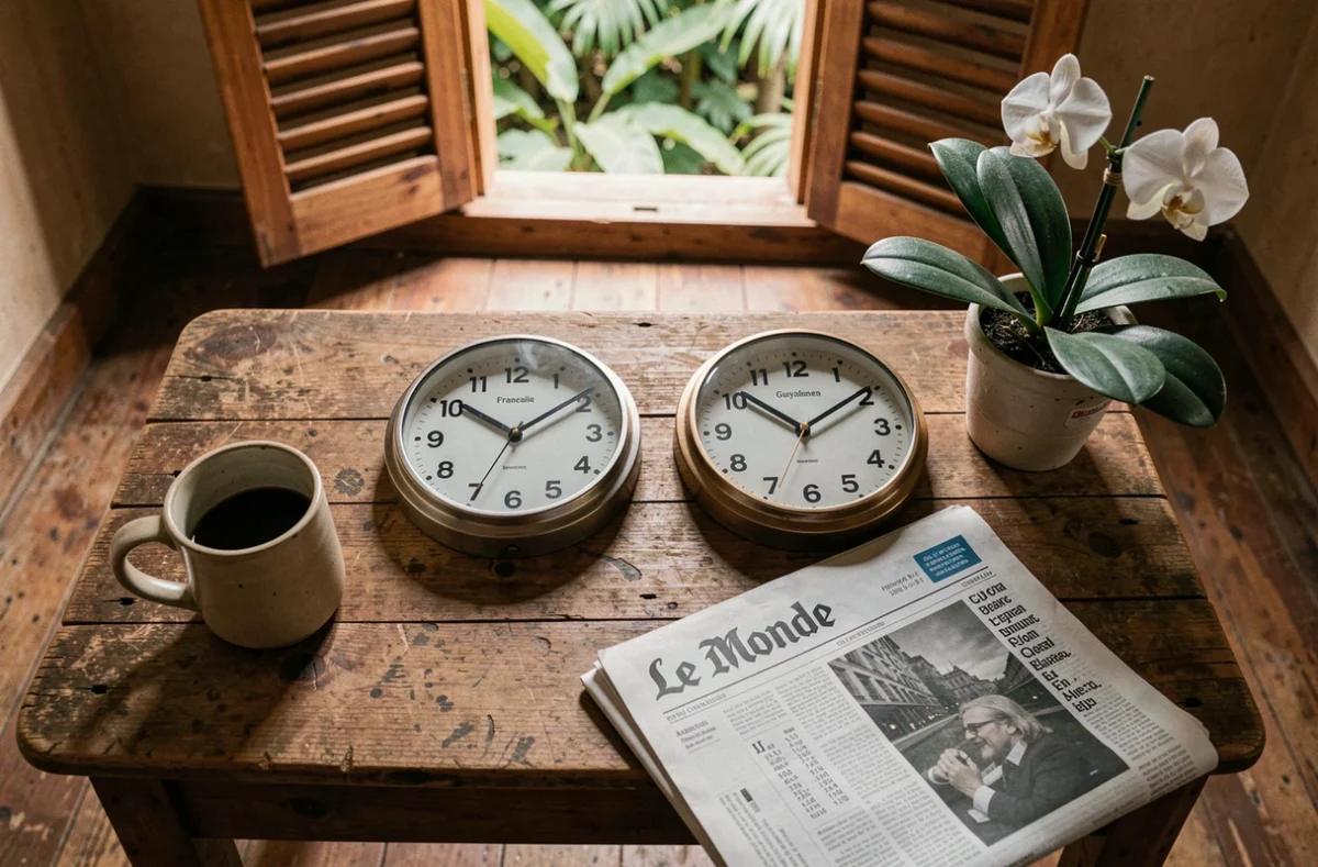 Deux horloges analogiques côte à côte montrant le décalage horaire entre la France métropolitaine et la Guyane française