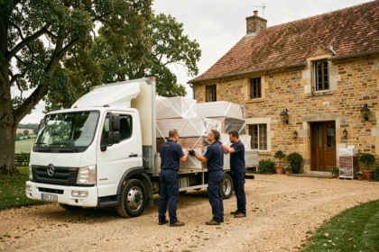 Équipe de déménageurs professionnels chargeant des meubles dans un camion devant une maison en pierre typique de la Dordogne