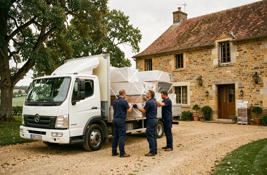Équipe de déménageurs professionnels chargeant des meubles dans un camion devant une maison en pierre typique de la Dordogne