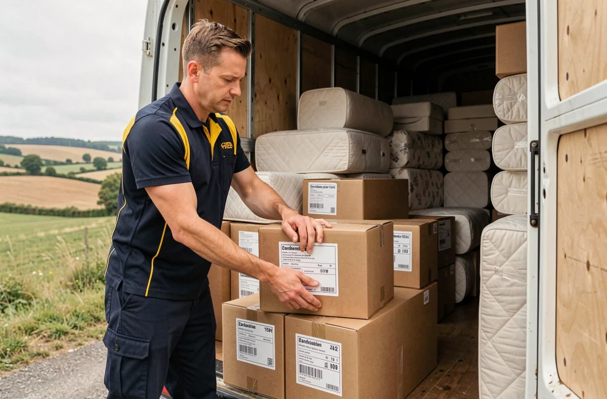 Déménageur de Déménagement Dupin organisant des cartons étiquetés à l'intérieur d'un camion en Dordogne