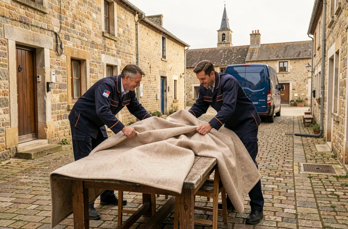 Déménageurs des Déménageurs de Chalagnac emballant une table dans une cour de maison en pierre du village