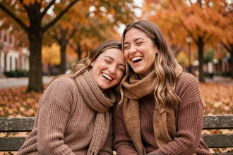 Deux amies complices partageant un moment de rire authentique sur un banc de parc en automne, illustrant la beauté d'une vraie amitié