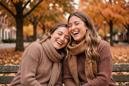 Deux amies complices partageant un moment de rire authentique sur un banc de parc en automne, illustrant la beauté d'une vraie amitié