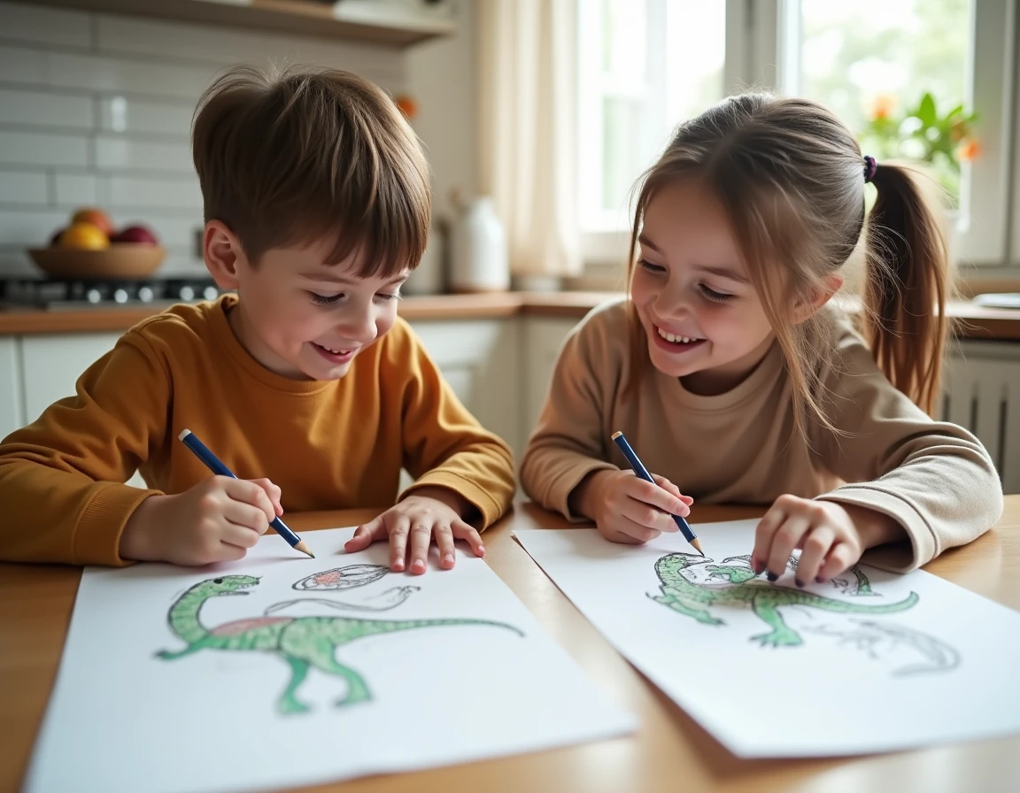 Deux enfants dessinant des dinosaures avec des feutres et crayons de couleur sur une grande table de cuisine