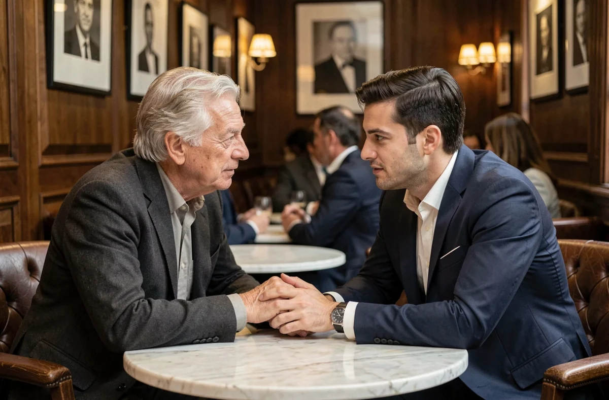 Deux hommes de générations différentes en conversation dans un café parisien élégant, évoquant la transmission et l'héritage familial entre Yves et Gabriel Attal