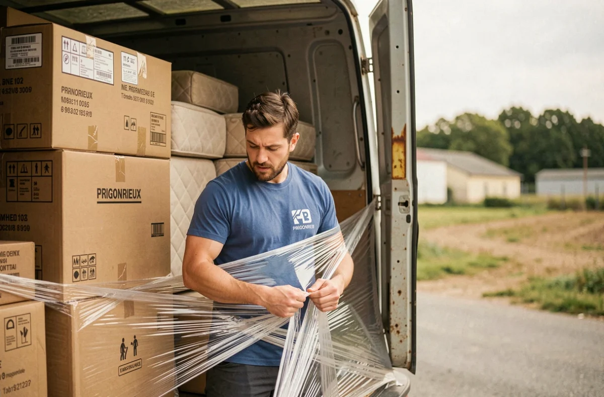 Déménageur de DIMA sécurisant des cartons dans un camion près de Prigonrieux
