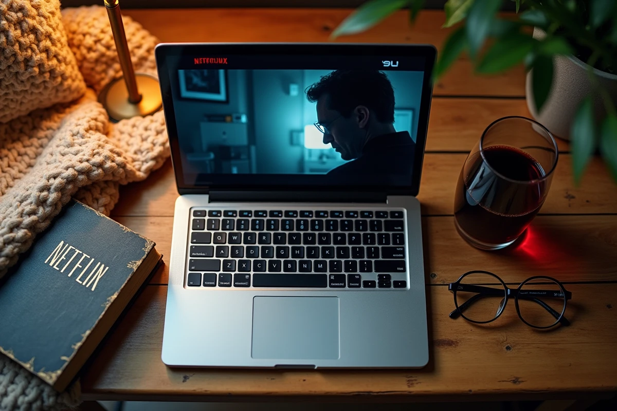 Écran Netflix sur ordinateur portable avec verre de vin et ambiance soirée cinéma à la maison