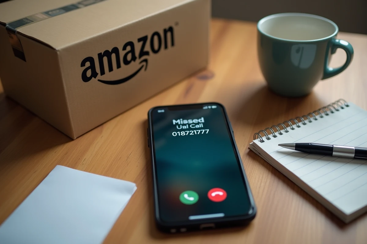 Écran de smartphone affichant un appel manqué du numéro 0187217777 associé à Amazon posé sur un bureau