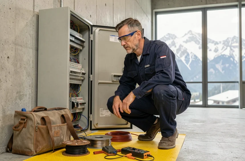 Électricien professionnel intervenant sur un tableau électrique dans un bâtiment industriel de la région Auvergne-Rhône-Alpes avec vue sur les montagnes