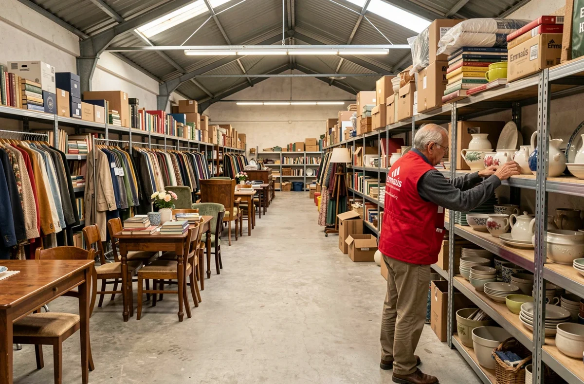 Intérieur du magasin Emmaüs Bretagne avec un bénévole rangeant des objets récupérés