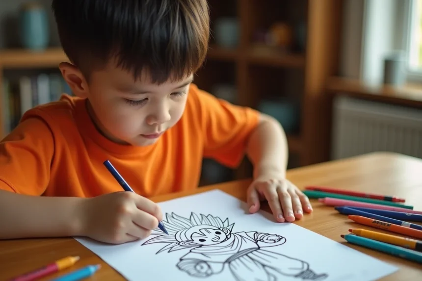 Enfant coloriant un dessin Dragon Ball Z de Sangoku à la maison avec des marqueurs colorés
