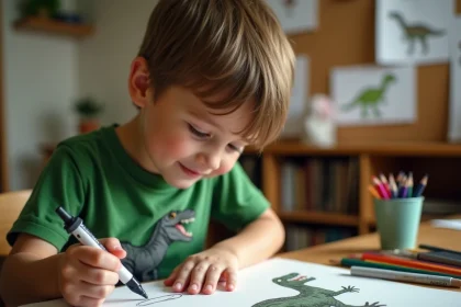 Enfant dessinant un dinosaure simple sur papier blanc avec des crayons de couleur sur un bureau en bois