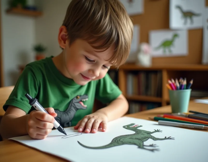 Enfant dessinant un dinosaure simple sur papier blanc avec des crayons de couleur sur un bureau en bois