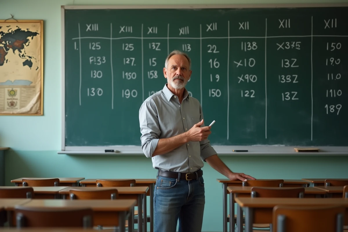 Enseignant expliquant la conversion des chiffres romains au tableau dans une salle de classe traditionnelle