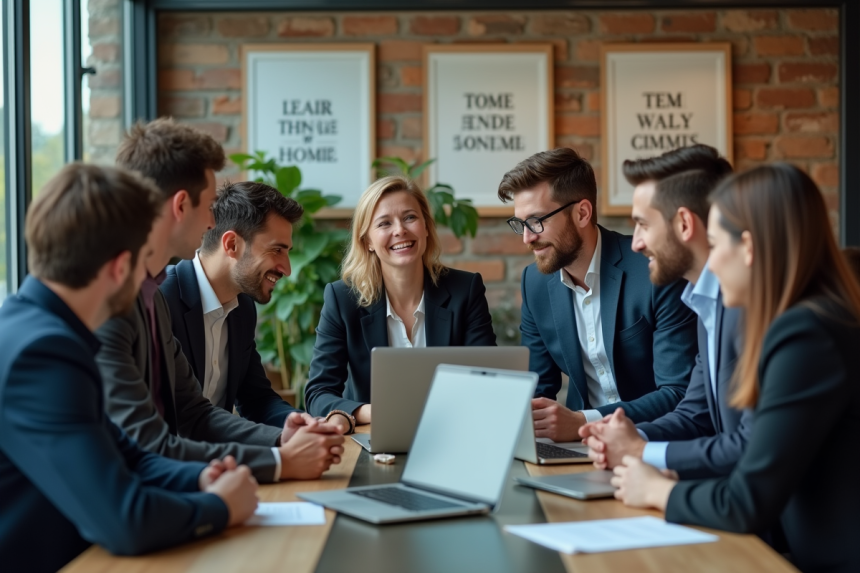 Groupe de collègues en réunion dans un bureau moderne