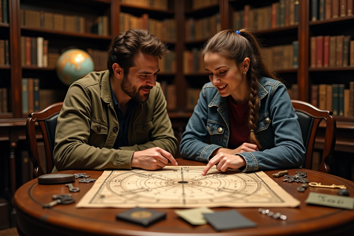 Deux joueurs qui collaborent pour résoudre des énigmes autour d'une table dans une escape room thème bibliothèque