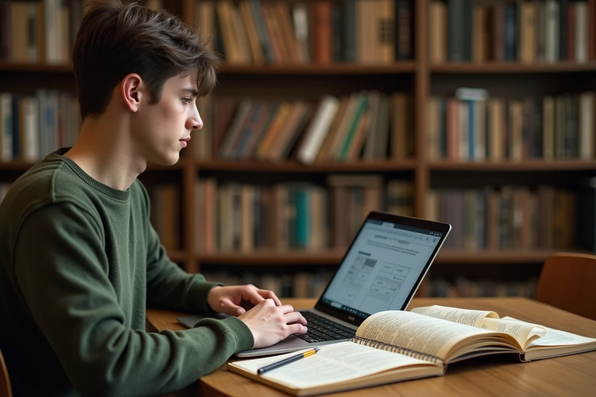 Étudiant universitaire utilisant un outil de conversion de chiffres romains en bibliothèque avec un livre d'histoire ouvert