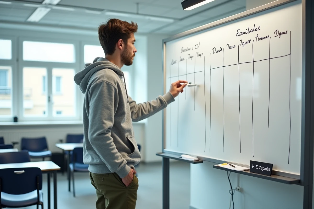 Étudiant debout devant un tableau de planning universitaire avec cours, TD et examens organisés par semaine paire