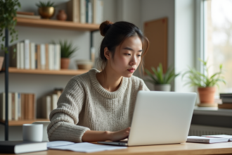 Etudiant concentré travaillant sur son ordinateur dans un espace de travail cosy