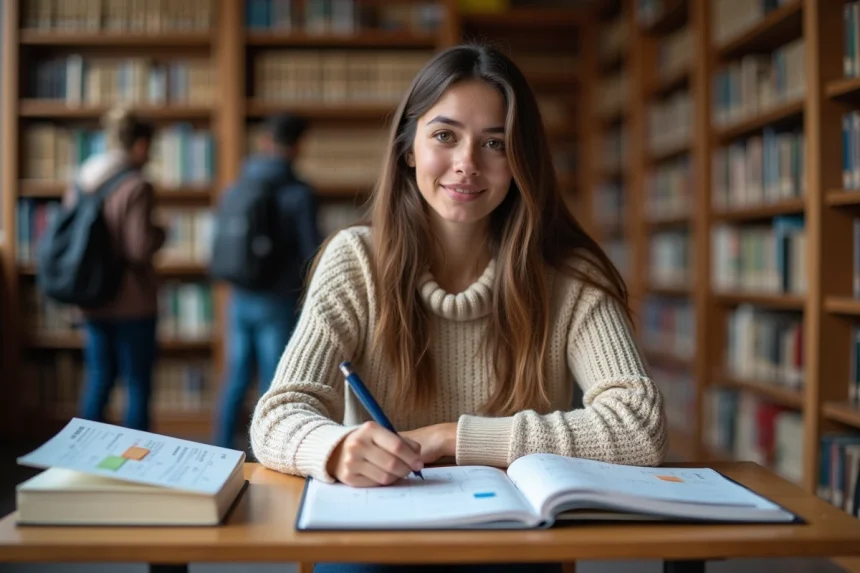Étudiante organisant son planning de semaine paire dans une bibliothèque universitaire avec un agenda et des notes de cours