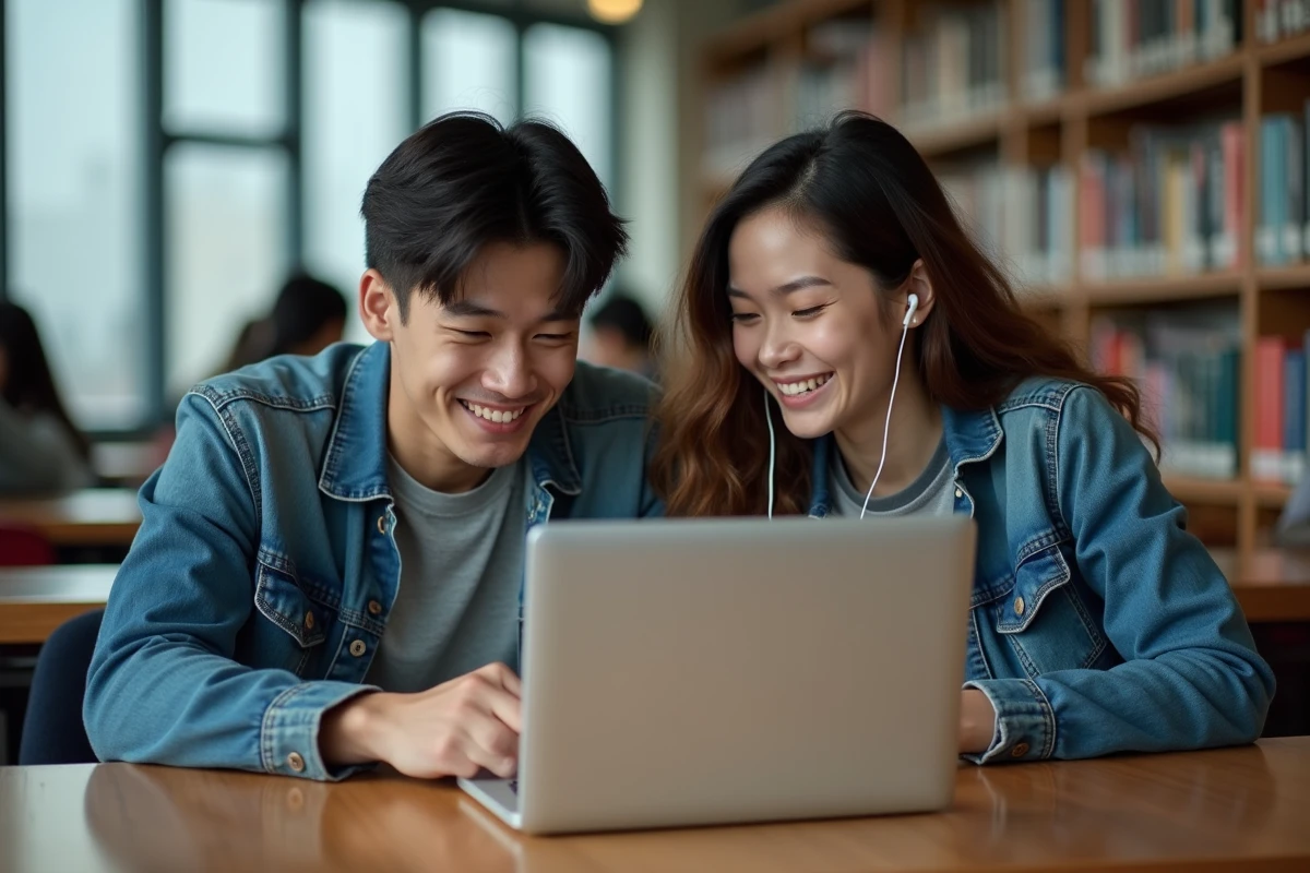 Deux étudiants lisant des mangas en ligne ensemble sur un ordinateur portable dans une bibliothèque universitaire