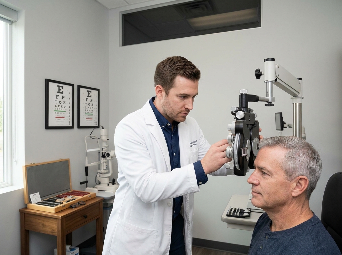 Opticien réalisant un examen de vue avec un phoropter dans un cabinet d'optométrie professionnel