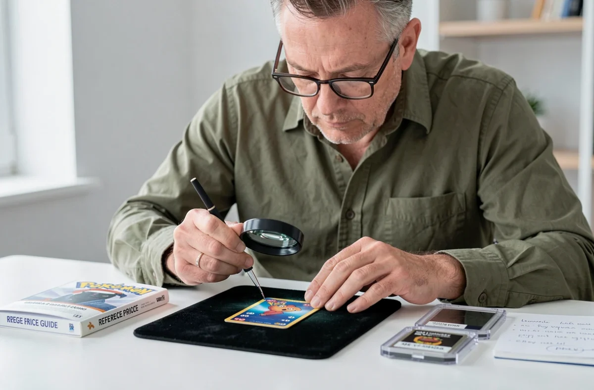 Expert en cartes Pokémon utilisant une loupe de joaillier pour vérifier l'authenticité et la qualité d'impression d'une carte rare