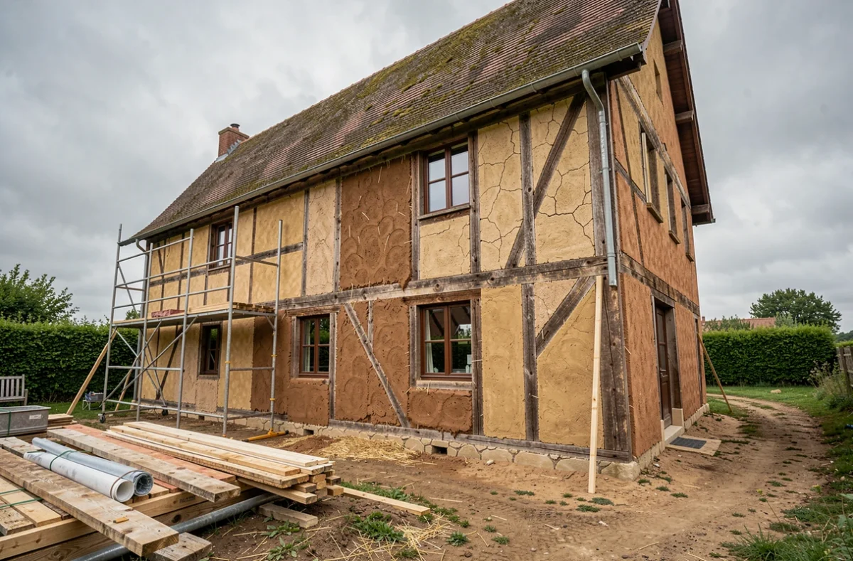 Façade d'une maison à colombages en cours de restauration avec des panneaux de torchis en différentes étapes de réalisation dans la campagne française