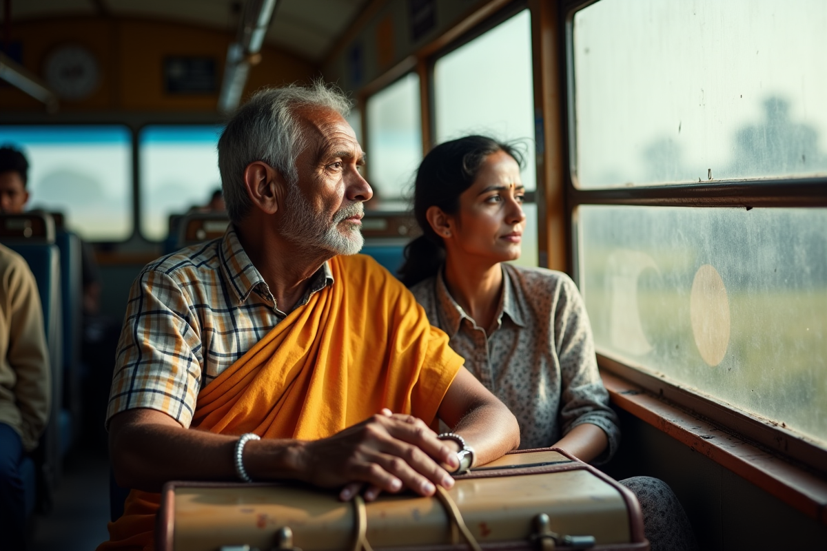 Famille dans un bus rural contemplant le paysage