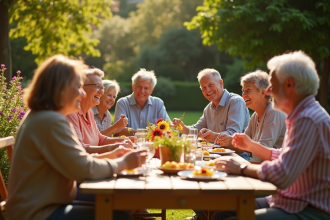 Famille multigenerationale partageant un repas en plein air dans un jardin ensoleille