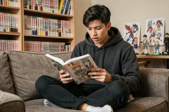Jeune homme passionné de manga lisant un volume de One Piece dans un salon décoré de figurines et d'étagères remplies de mangas