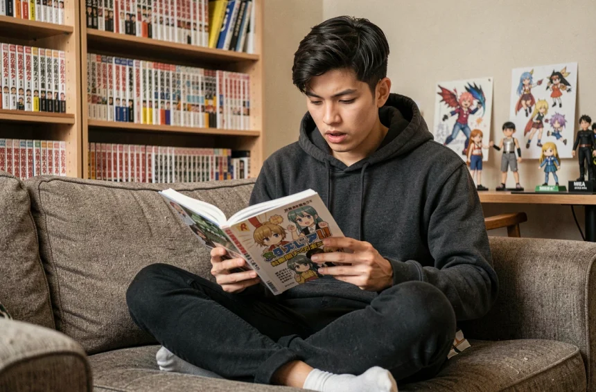 Jeune homme passionné de manga lisant un volume de One Piece dans un salon décoré de figurines et d'étagères remplies de mangas