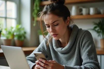 Femme hésitant à rappeler un numéro inconnu après un appel manqué lié à Amazon sur son smartphone