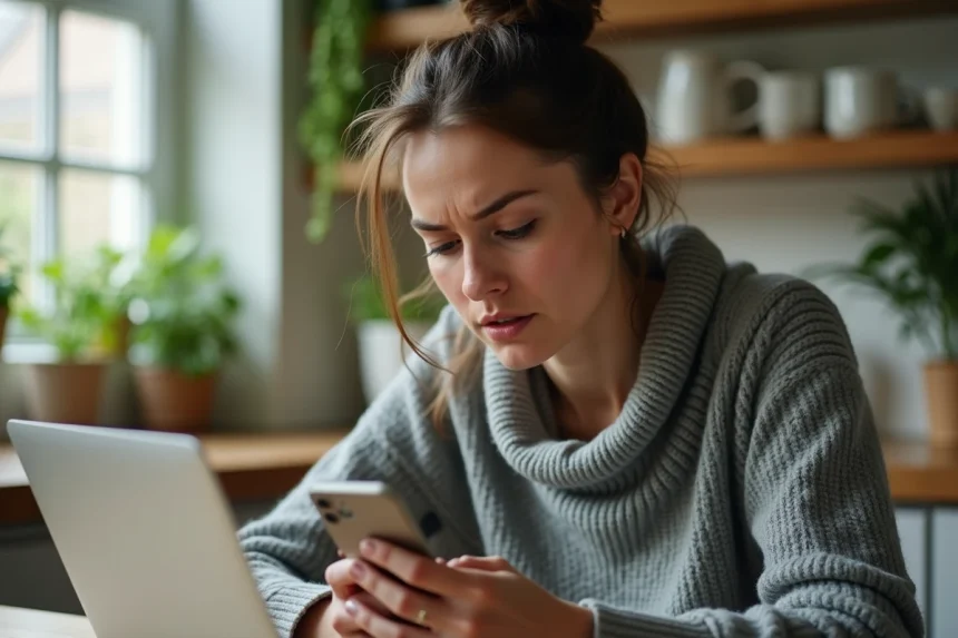 Femme hésitant à rappeler un numéro inconnu après un appel manqué lié à Amazon sur son smartphone