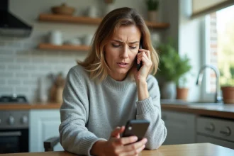 Femme d'âge moyen tenant un smartphone affichant un numéro de mobile 06 inconnu avec une expression méfiante, assise dans une cuisine lumineuse