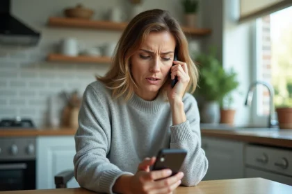 Femme d'âge moyen tenant un smartphone affichant un numéro de mobile 06 inconnu avec une expression méfiante, assise dans une cuisine lumineuse