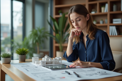 Femme architecte dessinant un modele sur tablette dans un bureau moderne