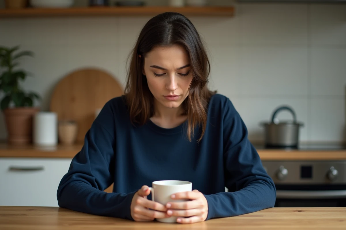 Jeune femme assise à une table de cuisine regardant son téléphone retourné, symbolisant l'attente vaine d'un message d'un narcissique qui ne reviendra plus