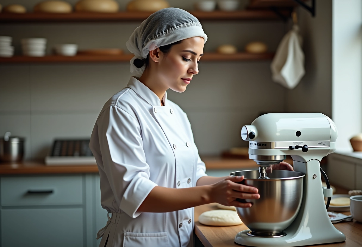 Femme en uniforme de boulangerie mélangeant la pâte à la main