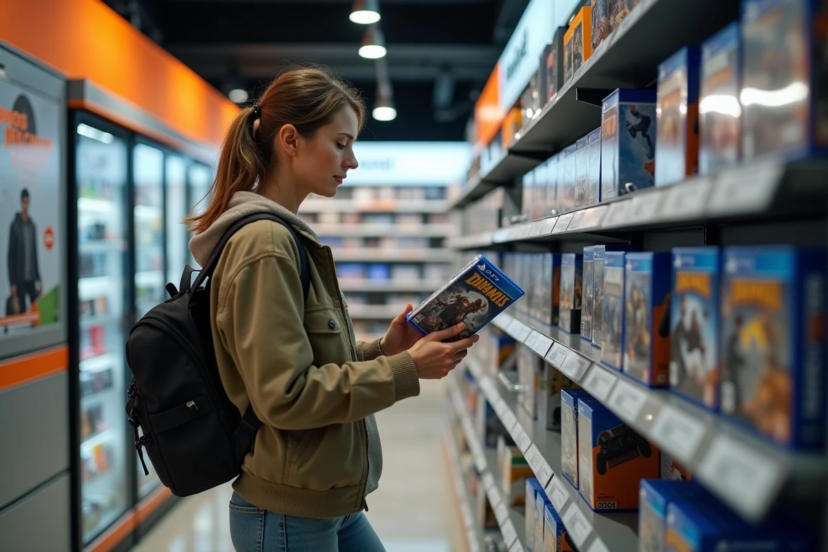 Femme regardant une bo&icirc;te de jeu dans un magasin d&rsquo;&eacute;lectronique