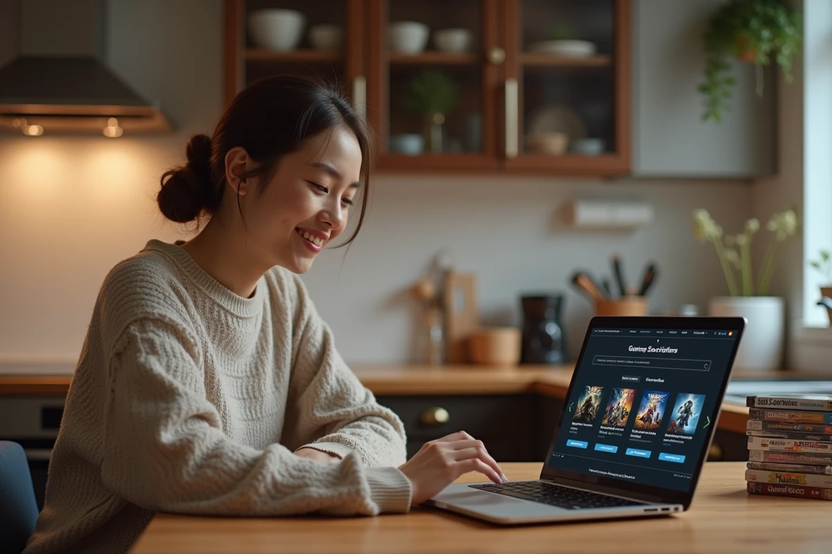 Femme regardant une boutique de jeux vidéo sur son ordinateur portable