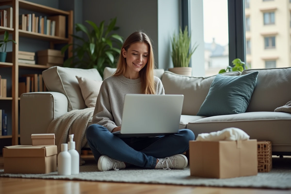Jeune femme millennial utilisant un ordinateur portable dans son salon