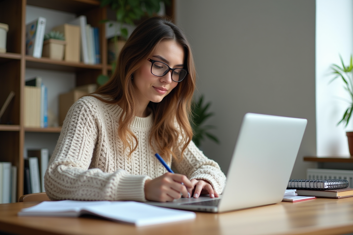 Femme concentrée travaillant dans un bureau à domicile