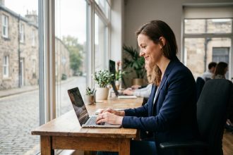 Femme au bureau à Vannes travaillant sur son ordinateur