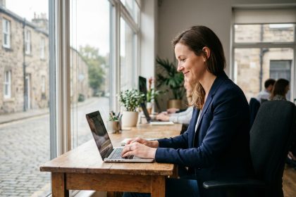 Femme au bureau &agrave; Vannes travaillant sur son ordinateur